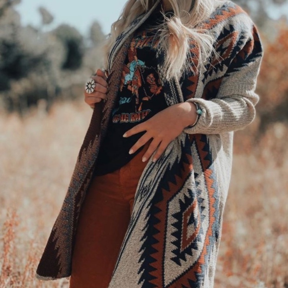 New Aztec Yellowstone Blanket Cardigan Sweater Western Southwest Grey Coat